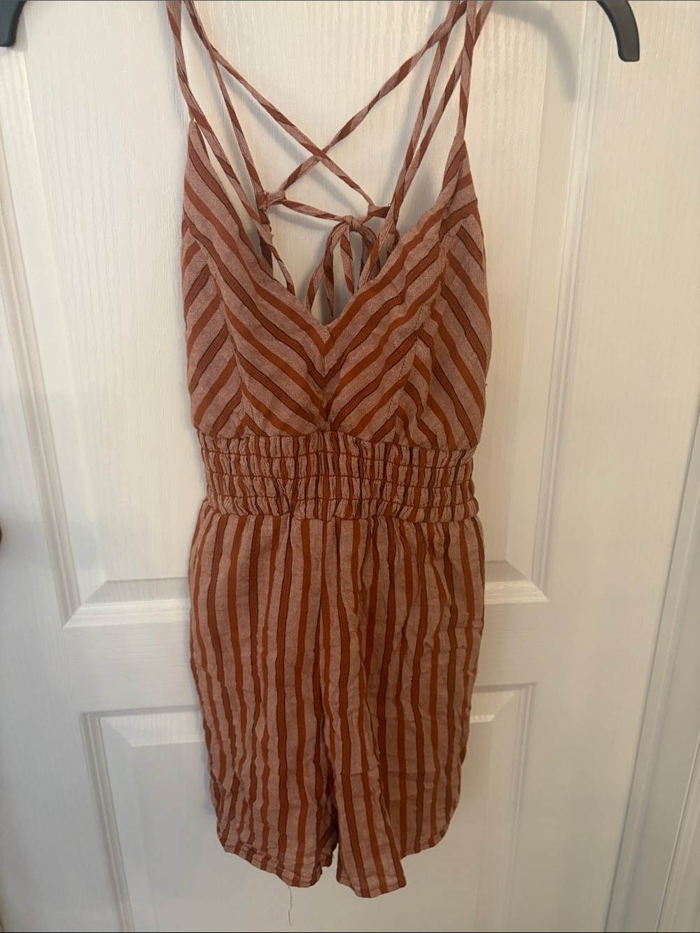 Trixxi Rust and Cream Striped Crisscross Back Romper